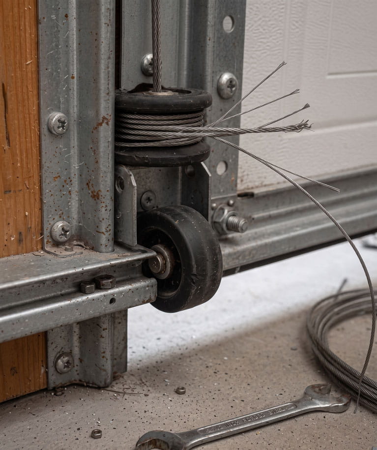 Mr. Goldie Garage Door - Mr. Goldie Garage Door - Close-up of a garage door torsion spring assembly with a spool of steel cable and a wheel, showing loose strands of wire and a wrench on the floor nearby.