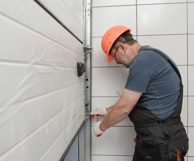 Mr. Goldie Garage Door - Mr. Goldie Garage Door - Construction worker in an orange hard hat and gloves installs a metal door track beside a white tiled wall.